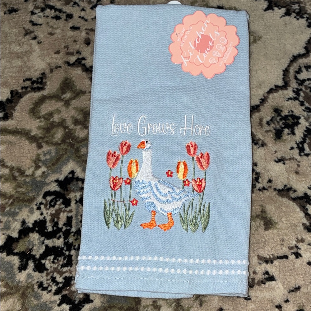 Blue Kitchen Towel with Embroidered Goose and Tulips set of 2 nwt